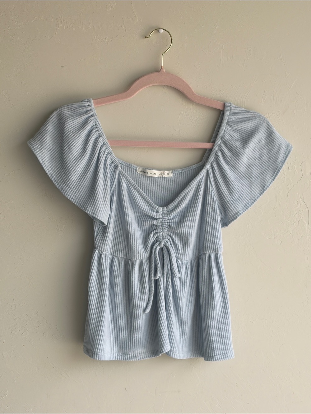 Altar’d State Blue Ribbed Ruched Front Babydoll Blouse Top Size Small